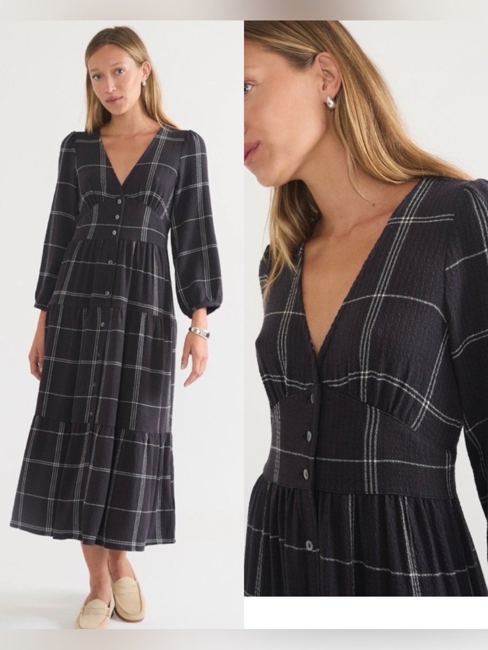 Marine Layer Maeve Maxi Dress Black Windowpane Plaid Cottagecore Holiday Boho,XL